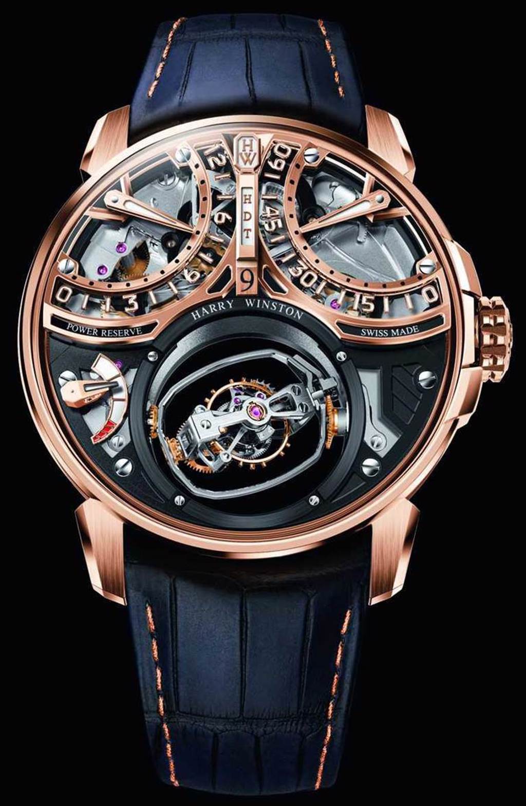 HARRY WINSTON「Histoire de Tourbillon史詩陀飛輪系列」9號腕錶，18K玫瑰金錶殼，46.5mm，58顆寶石╱20,420,000元。（圖╱HARRY WINSTON提供）