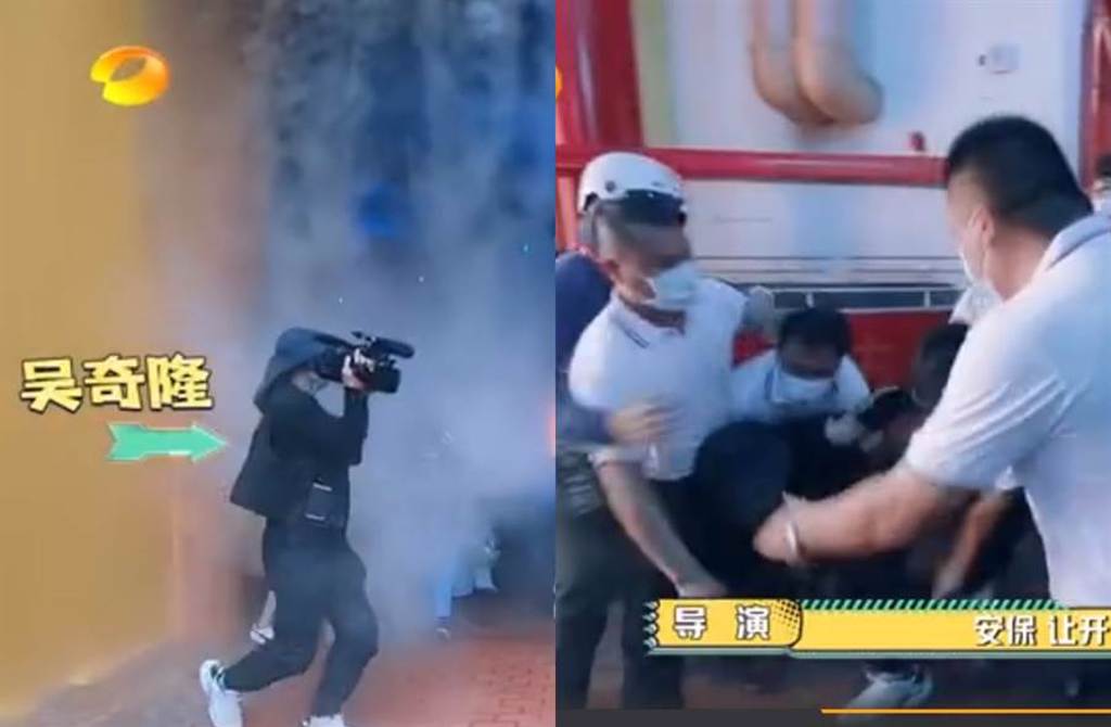 吳奇隆扮成攝影師突襲，反被保安推倒。（圖／翻攝自秒拍）