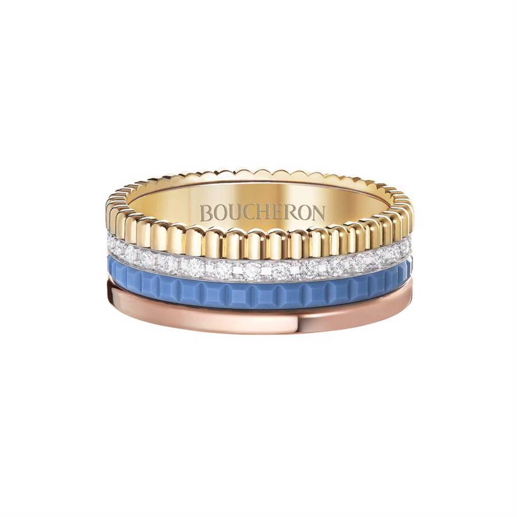 Boucheron藍色陶瓷Quatre系列戒指，20萬8000元。（Boucheron提供）