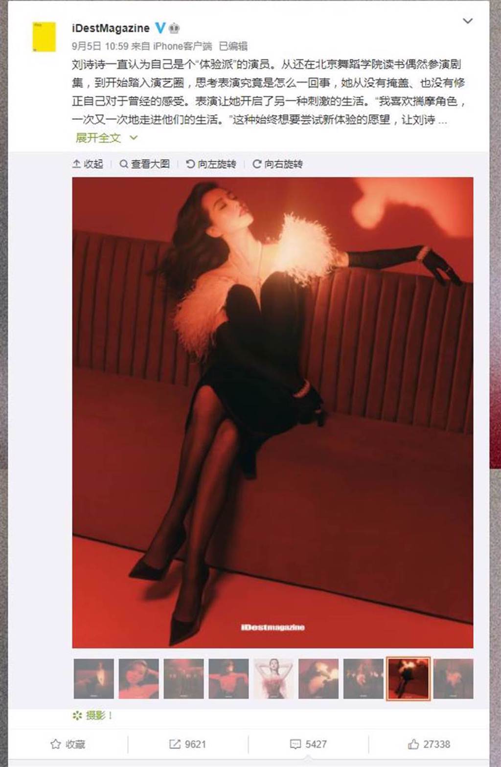 劉詩詩近日為雜誌拍攝封面照，她大走美豔性感風，熟女扮相大獲好評。（圖／取材自iDestMagazine微博）