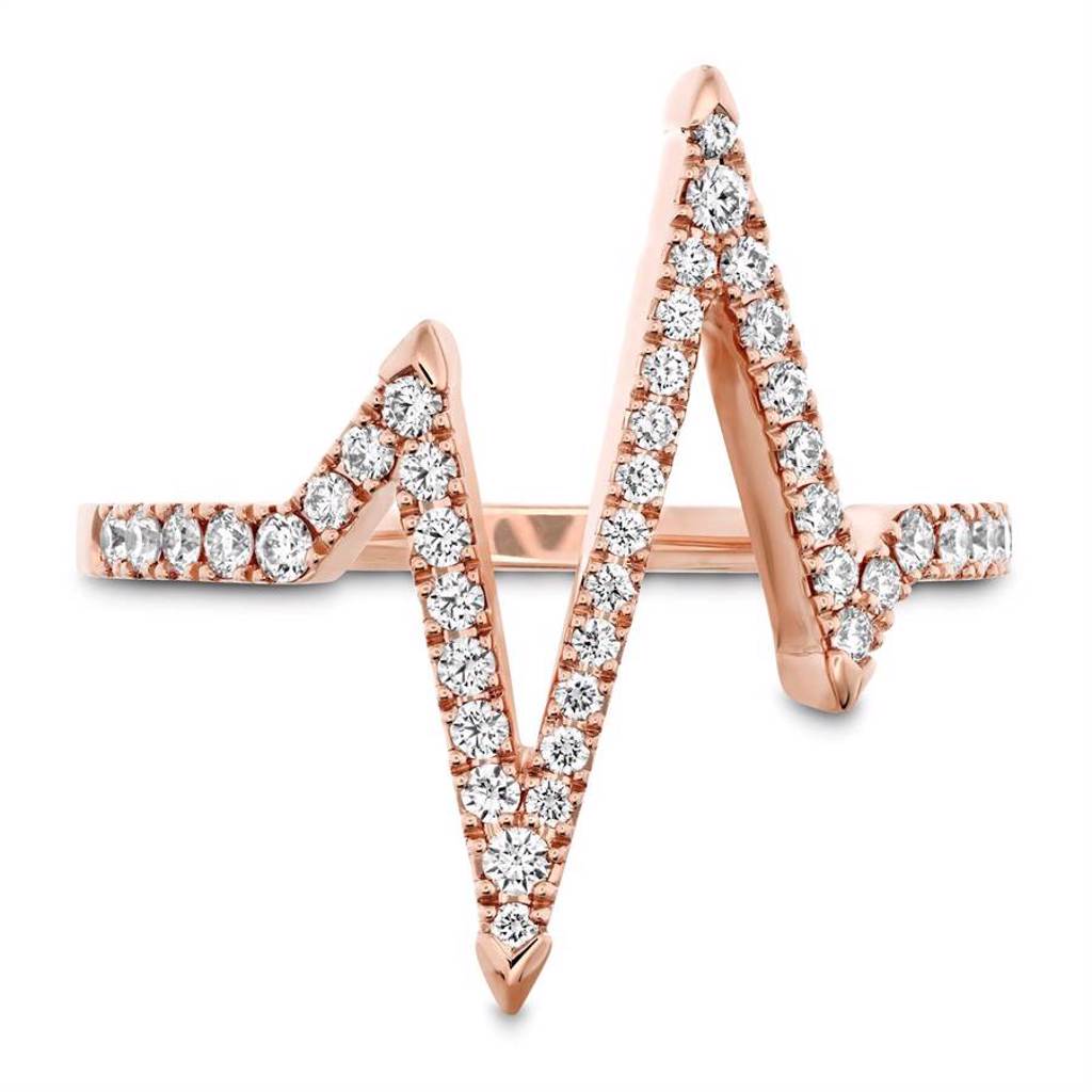 HEARTS ON FIRE LOVE CODE HEARTBEAT玫瑰金鑽石戒指，7萬6000元。（HEARTS ON FIRE提供）