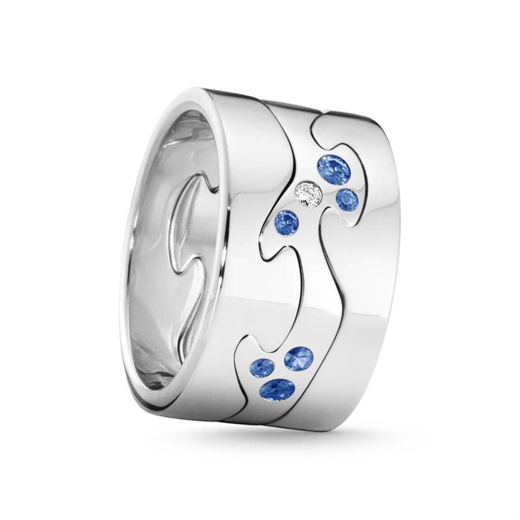 喬治傑生FUSION年度限量訂製白金三件式戒指，鑲嵌藍寶石、鑽石等，約12萬7600元起。（GEORG JENSEN提供）