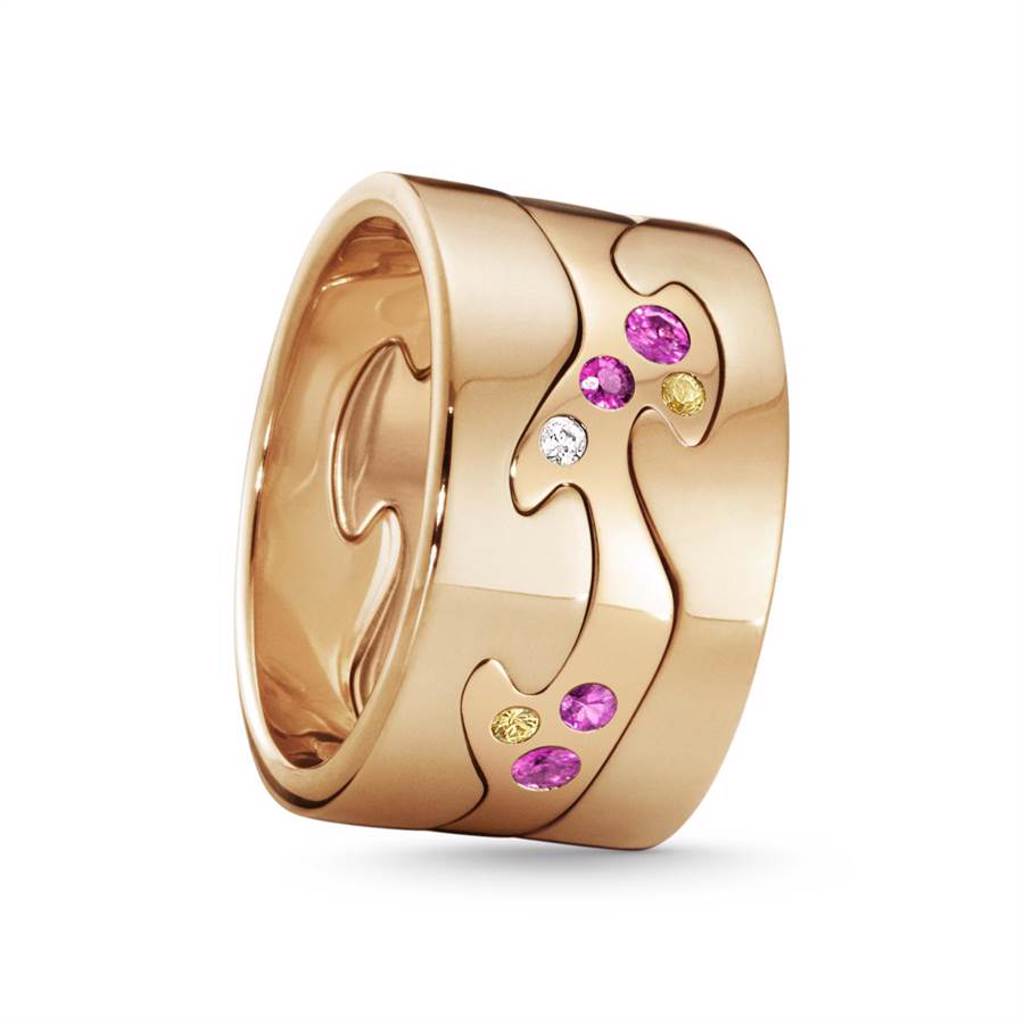 喬治傑生FUSION年度限量訂製玫瑰金三件式戒指，鑲嵌粉紅剛玉、黃色剛玉等，約12萬7600元起。（GEORG JENSEN提供）