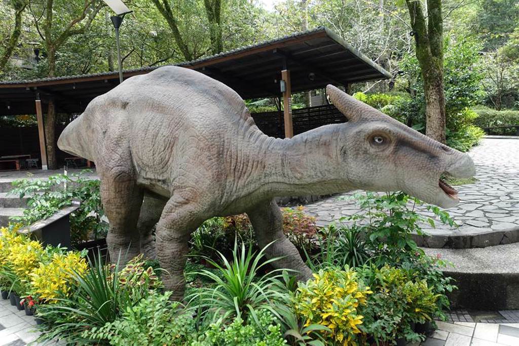 園區內展出平均身長2~8米大、中、小型的擬真恐龍，在大樹旁、水池裡、階梯邊、烤肉區出現。（黃采薇攝）