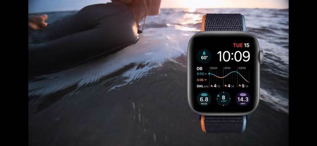 Apple Watch Series 6的衝浪專屬，可看潮汐、海水溫度等資訊的表面。（翻攝直播畫面）
