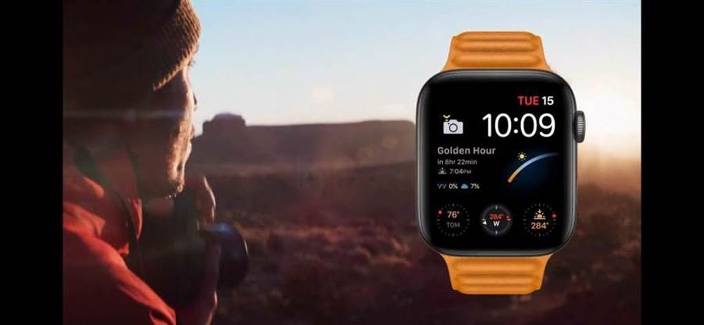 Apple Watch Series 6加入了攝影師要拍日出日落時，最需要的太陽位置等資訊的全新表面。（翻攝直播畫面）