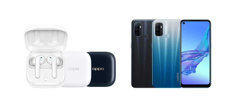 OPPO 推出支援90Hz螢幕刷新率的OPPO A53(右)，及全新真無線耳機OPPO Enco W51。（OPPO提供／黃慧雯台北傳真）
