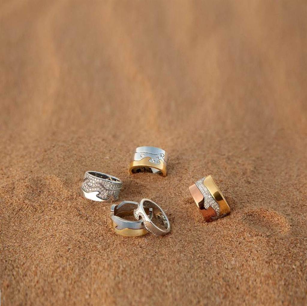 喬治傑生今年推出FUSION系列珠寶訂製戒指，可自由選擇材質與寶石，並可混搭出萬種風情。（GEORG JENSEN提供）