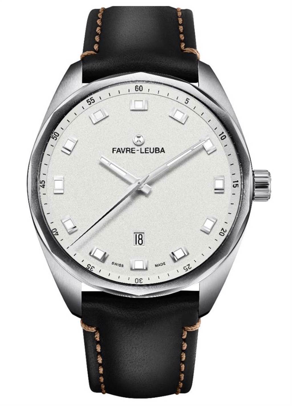 域峰表Sky Chief Date白色表盤腕表，43mm大表徑更加時尚，添牛皮表帶款5萬8000元。（Favre-Leuba提供）