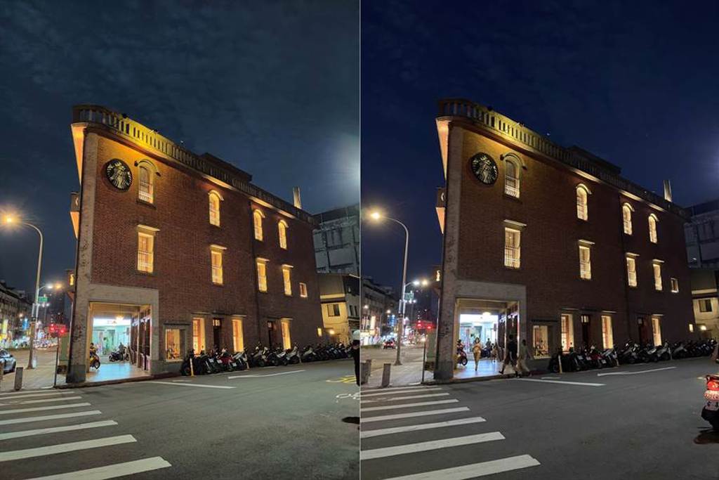 OPPO Reno4 Pro(左)與iPhone 11 Pro Max夜間實拍對比(1)。(黃慧雯攝)