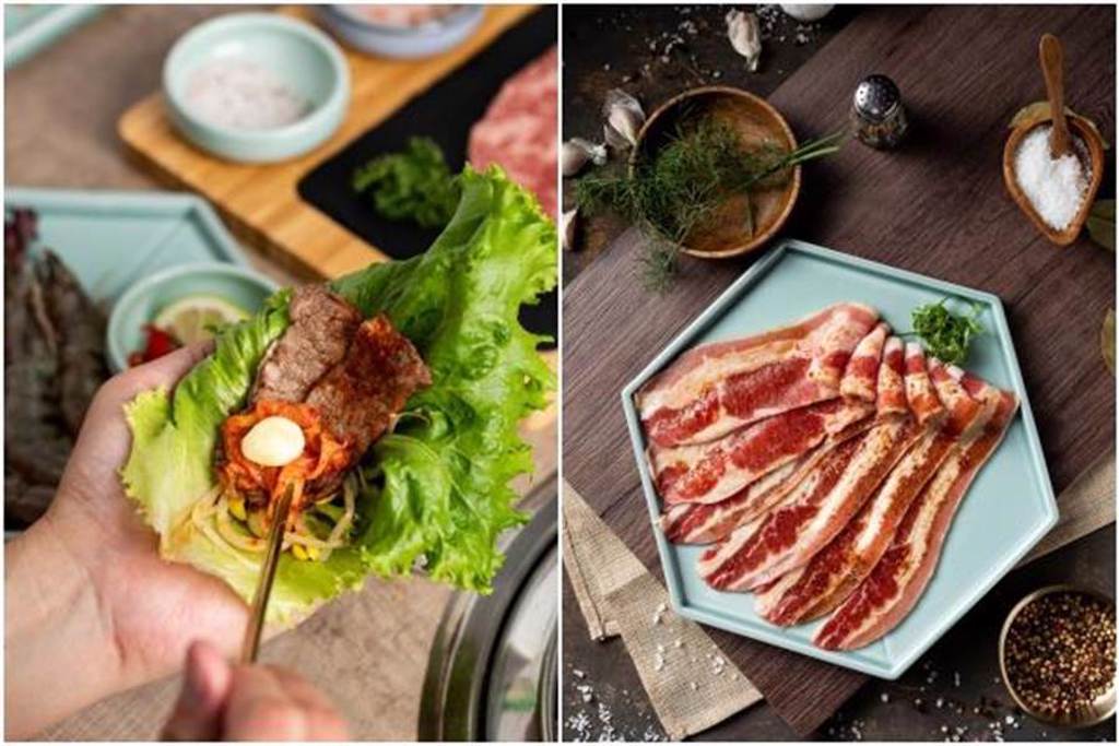 韓式烤肉包生菜（左）。即日起至「姜滿堂」4人同行請吃鮮嫩牛五花1盤。（豆府餐飲集團提供）