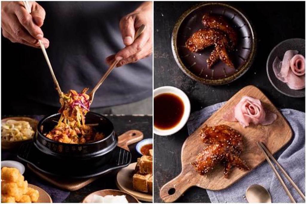 「銅盤」韓式石鍋拌飯（左）、韓味炸雞翅皆現點現做。（豆府餐飲集團提供）