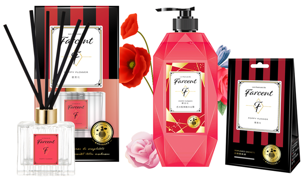 Farcent香水系列於今年9月推出柔美「罌粟花」香氛，品項包含沐浴露、室內擴香、衣物香氛袋。（圖／品牌提供）
