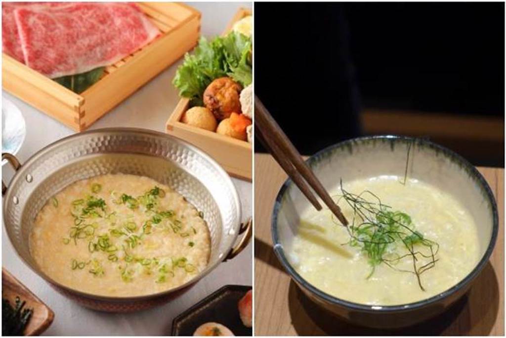 服務員提供「桌邊服務」將湯底加上越光米、土雞蛋煮出雜炊。（左圖為水炊軒提供、右圖黃采薇攝）