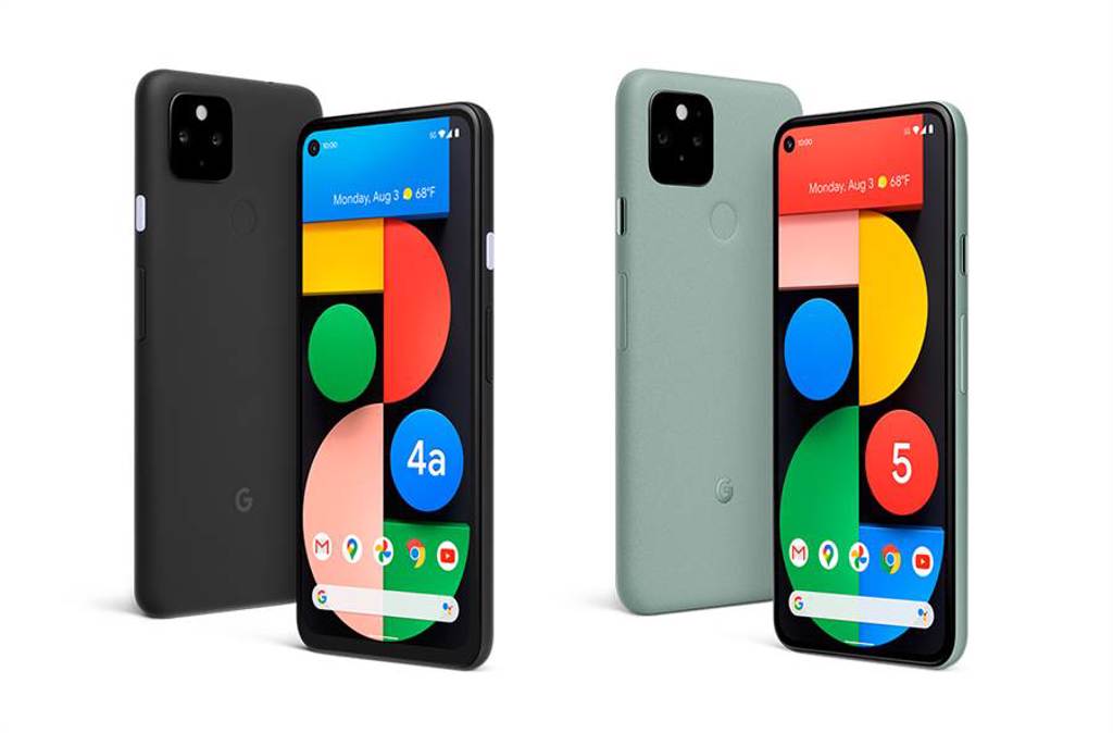 Google 發表首款  5G 手機 — Pixel 4a 5G 版 (圖左) 與 Pixel 5 (圖右)。（Google提供／黃慧雯台北傳真）