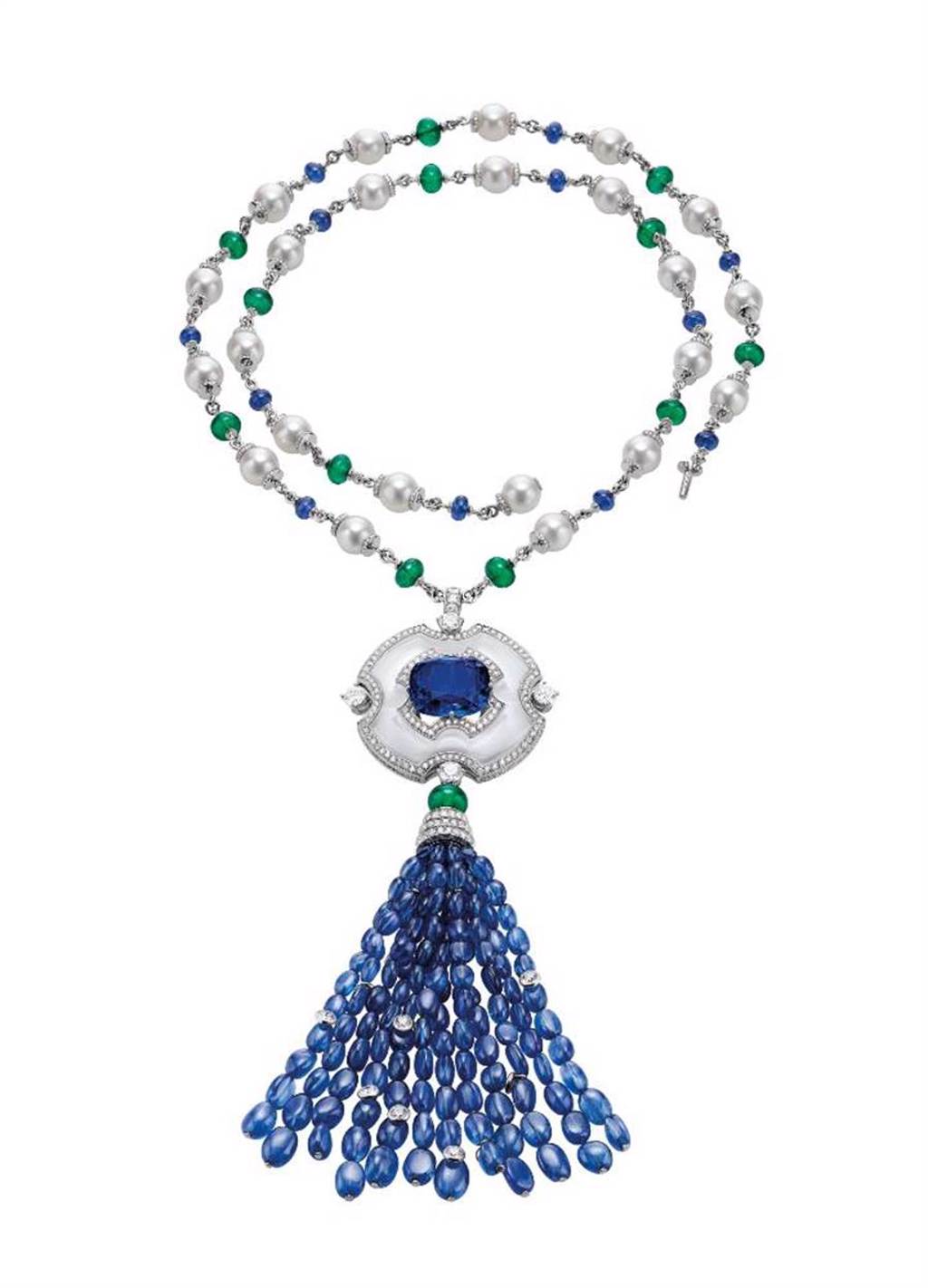 寶格麗頂級藍寶石、祖母綠與鑽石項鍊，約8500萬元。（BVLGARI提供）