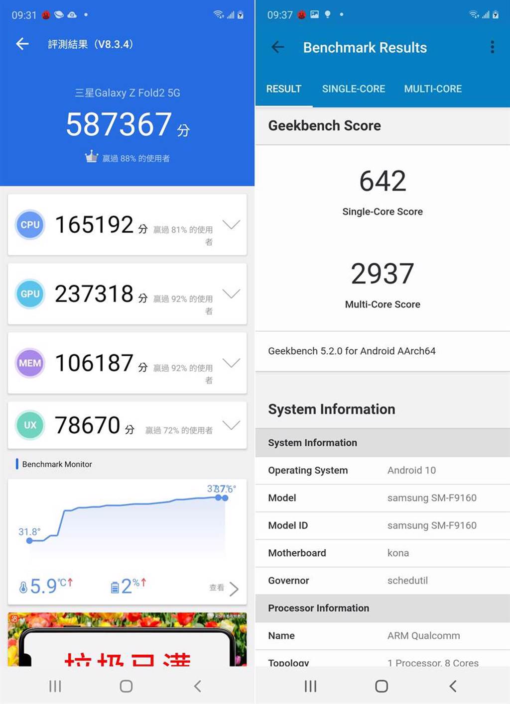 三星Galaxy Z Fold2安兔兔評測(左)以及Geekbench 5跑分。(手機截圖)