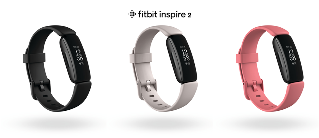 全新Fitbit Inspire 2運動手環，售價為新台幣 3,298 元。由左至右為黑色、月光白和沙漠玫瑰色版本。（Fitbit提供／黃慧雯台北傳真）