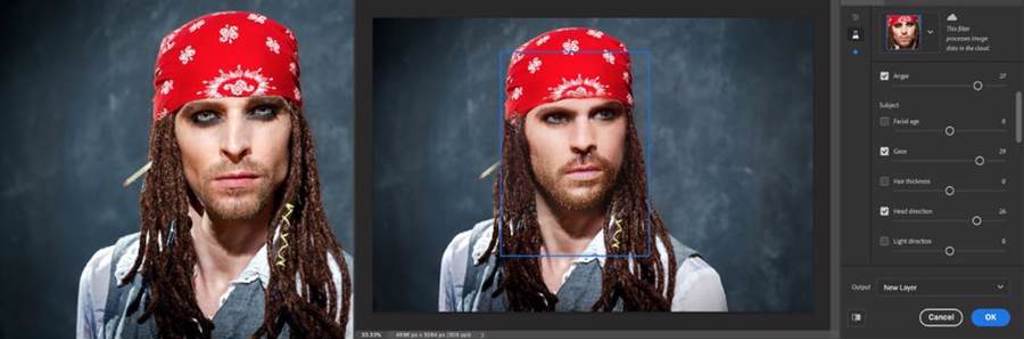 使用智慧人像（Smart Portrait）濾鏡改變海盜頭部、眼睛的方向及表情。（Adobe提供／黃慧雯台北傳真）