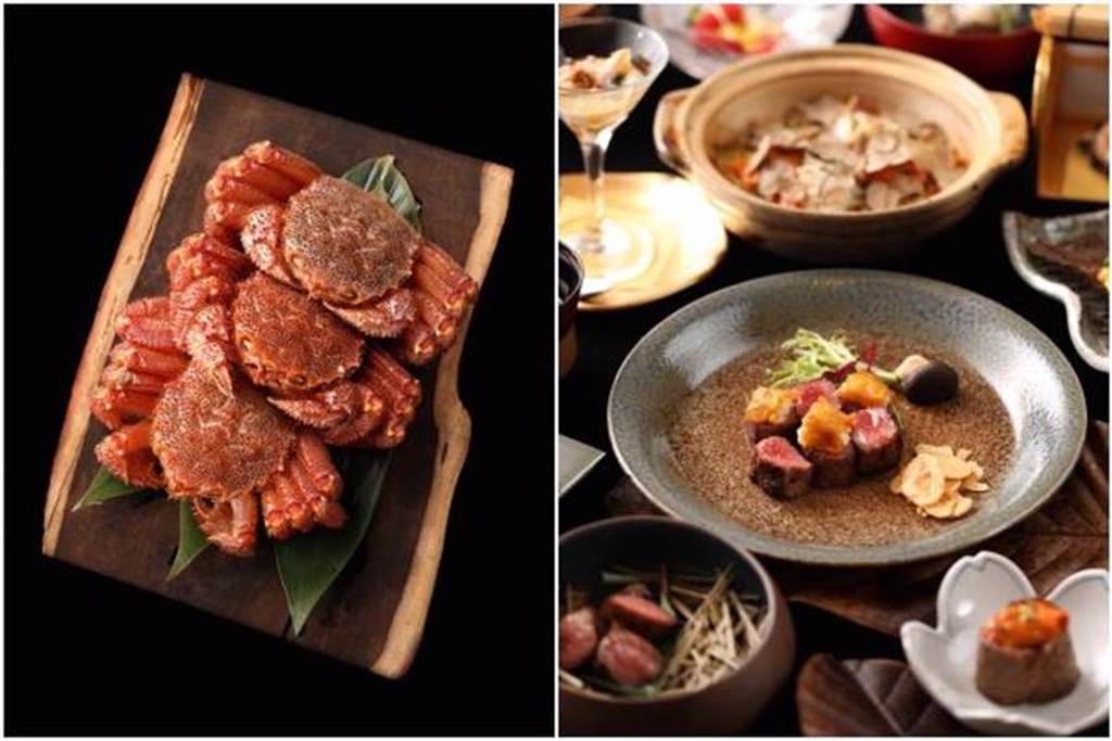 （左圖）秋冬菜單使用北海道野生毛蟹。（右圖）冬夕燒套餐11道料理4500元起。（樂軒和牛割烹提供）