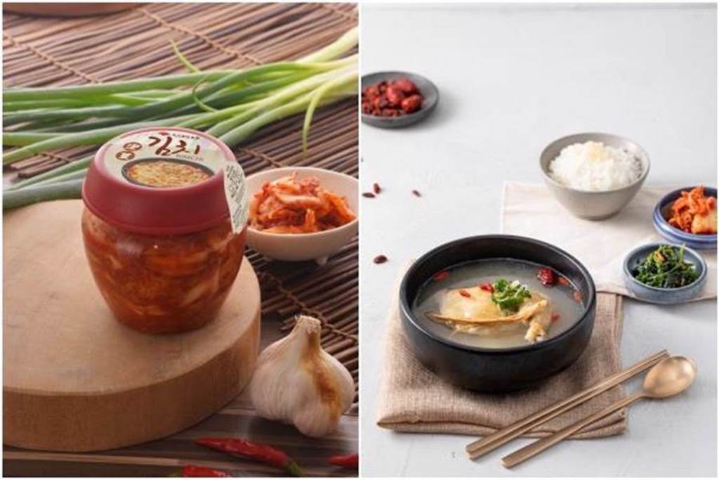 （左至右）罐裝「特級韓式泡菜」，每罐168元。「韓姜熙的小廚房」元氣人蔘雞定食。（豆府餐飲集團提供）