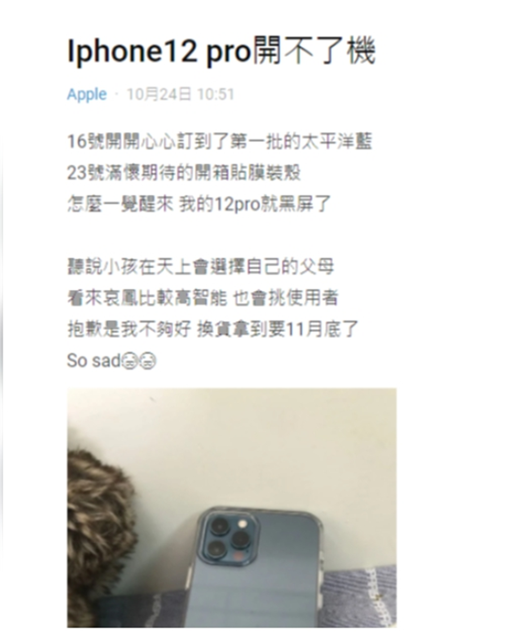 網友搶買iPhone 12第一批，沒想到一覺醒來變黑屏開不了機。（圖／截自Dcard）