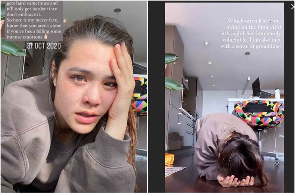 Yasmine的IG限時動態突PO跪地抱頭痛哭影片。（圖／取材自Yasmine Instagram）