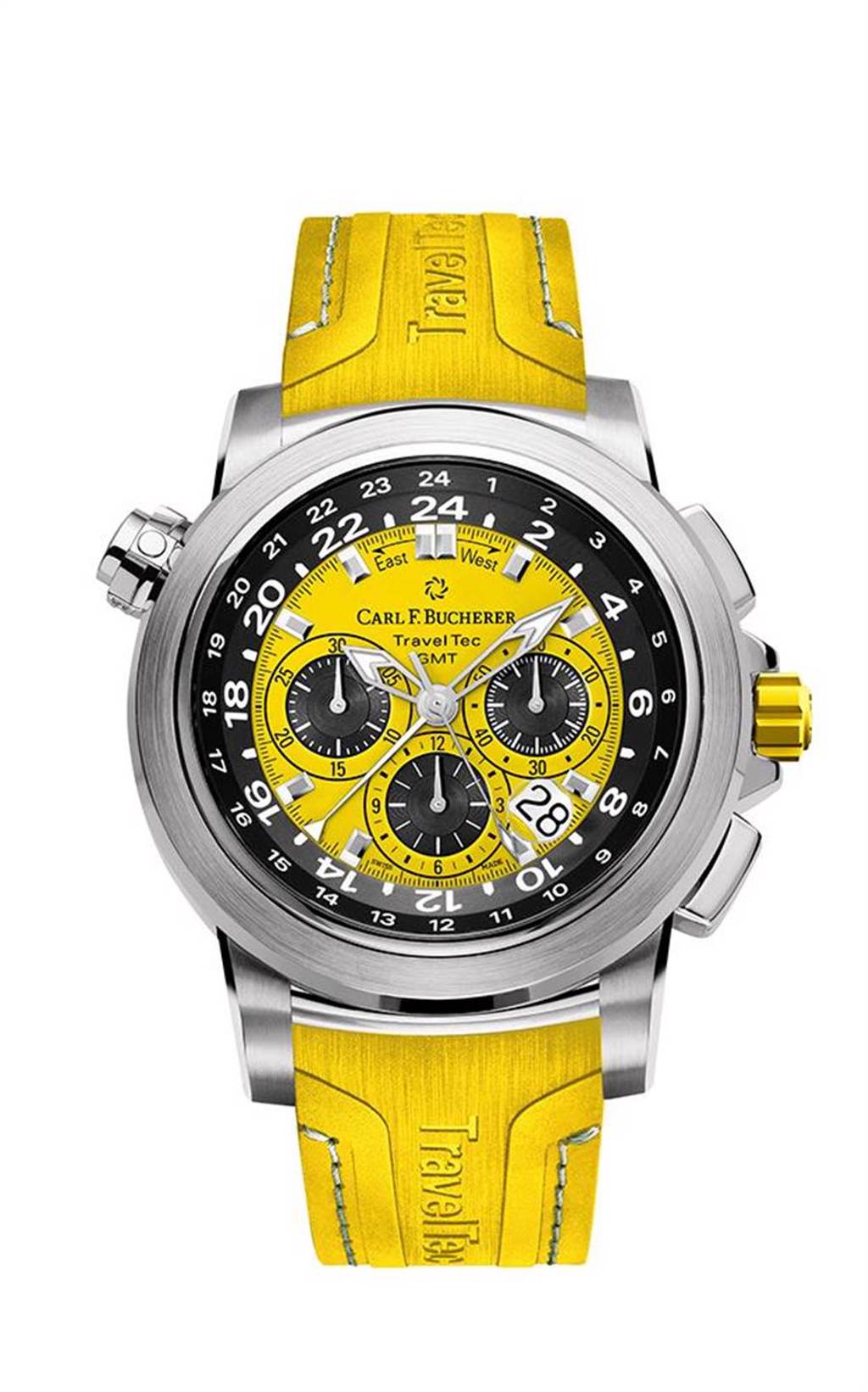 寶齊萊Patravi TravelTec柏拉維三地時間計時碼表，黃色款，35萬元。（Carl F.Bucherer提供）