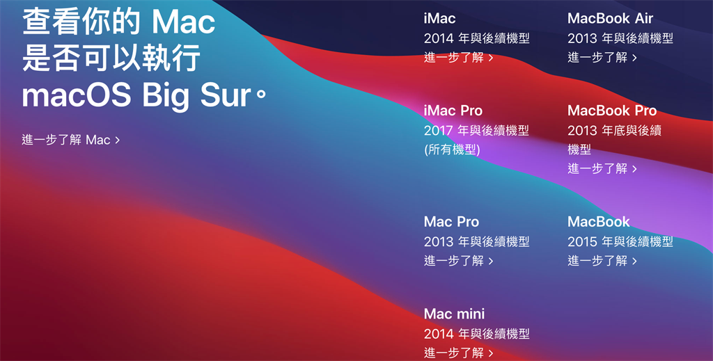 macOS Big Sur正式版支援的Mac。（摘自蘋果官網）