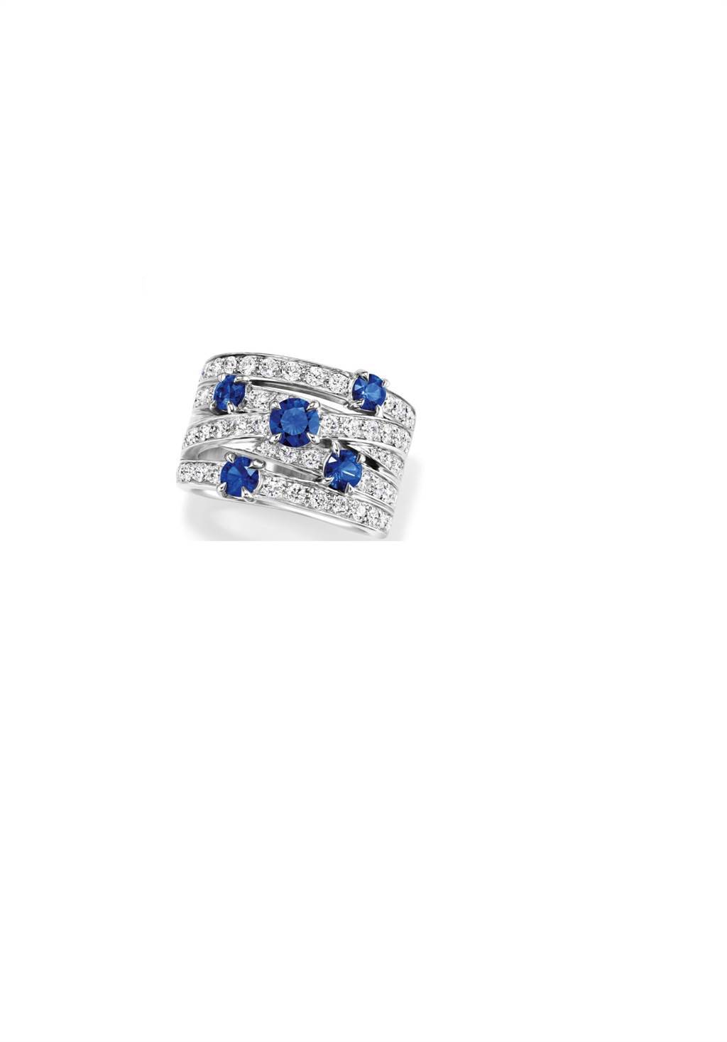 海瑞溫斯頓Crossover藍寶石鑽石戒指，約64萬元。（Harry Winston提供）