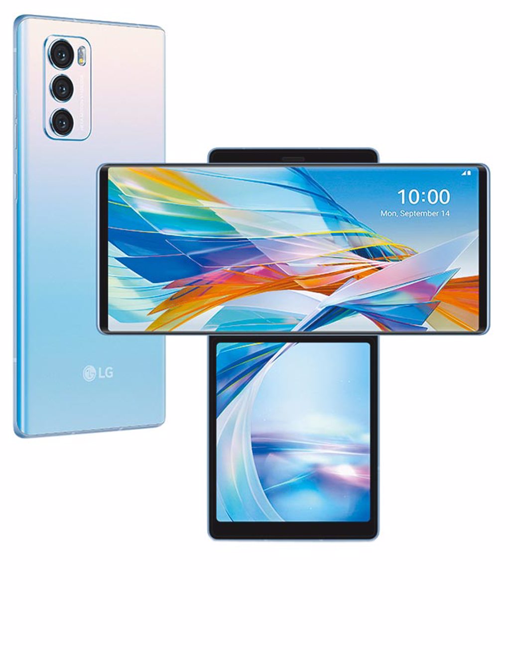 LG WING羽翼藍單色，8GB／128GB，定價2萬5990元，明（1日）起開賣。（LG提供）