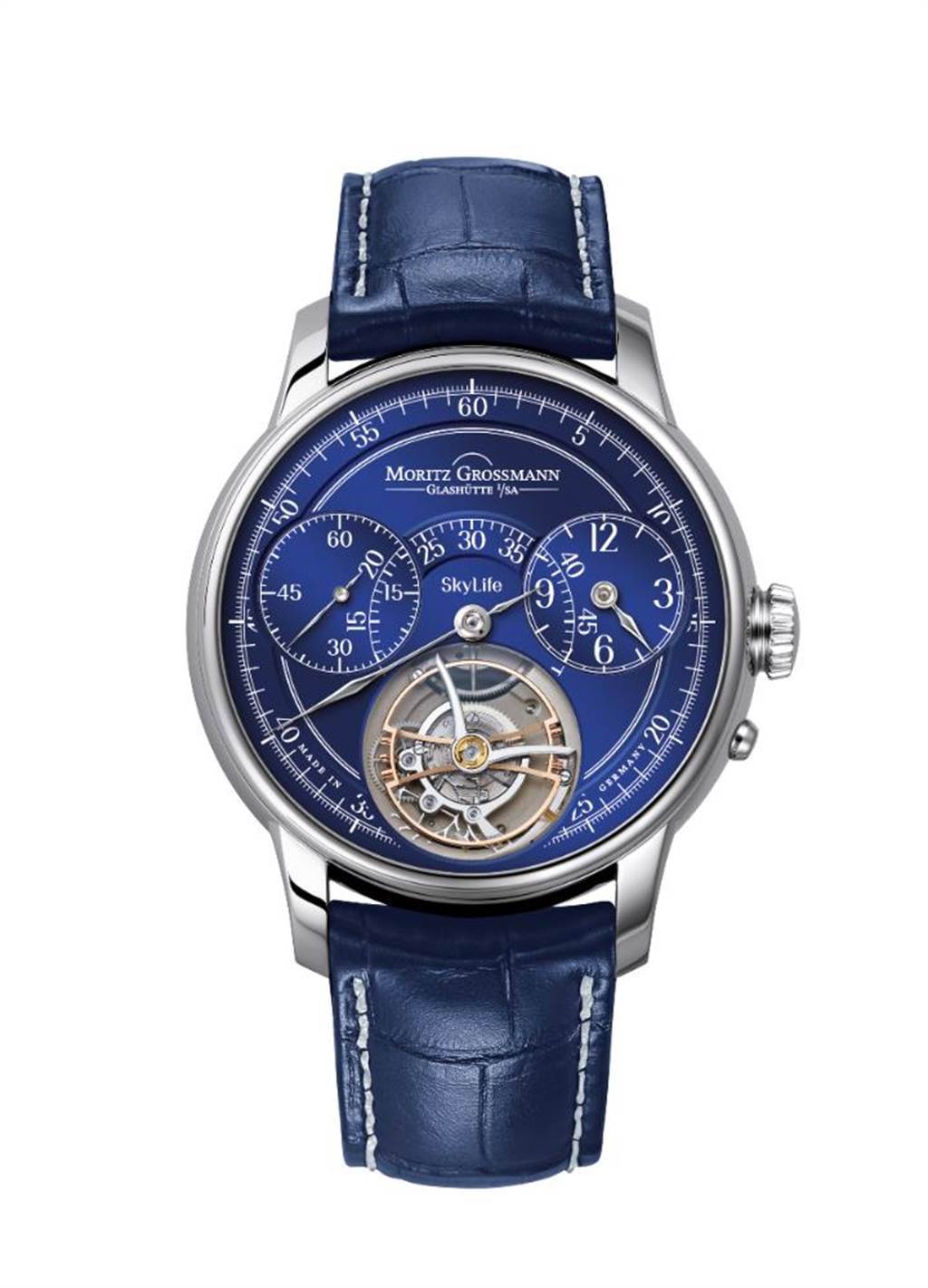 圖二：德國獨立製表Moritz Grossmann的Benu Heritage Skylife Tourbillon飛行陀飛輪腕表，這只藍色表盤作品是以CEO的秀髮打造停秒裝置，也可接受客人提供頭髮訂製，608萬元。（瑞博品提供）