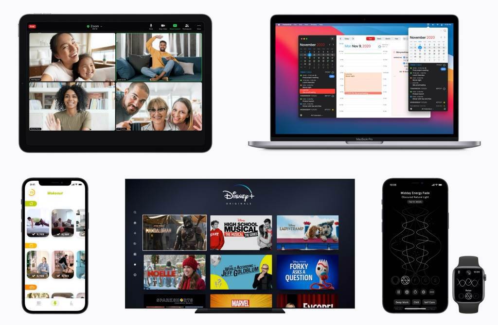 App Store 2020 年度最佳 App (左至右、上至下）依序是：《Zoom》、《Fantastical》、《Wakeout!》、《Disney+》、《Endel》。（蘋果提供／黃慧雯台北傳真）

