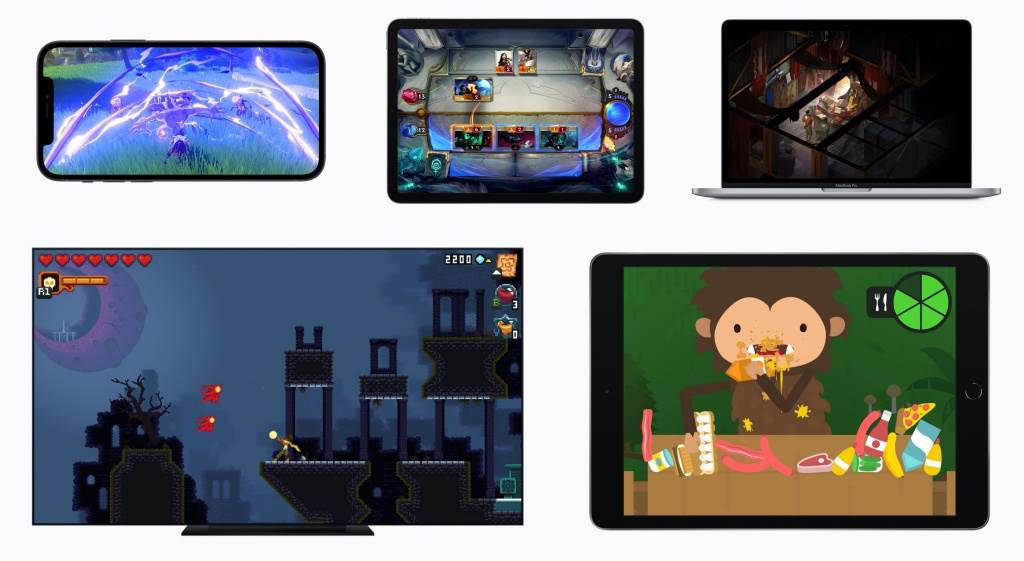 App Store 2020 年度最佳遊戲 (左至右、上至下）依序是：《原神》、《符文大地傳說》、《極樂迪斯可》、《Dandara Trials of Fear》、《Sneaky Sasquatch》。（蘋果提供／黃慧雯台北傳真）
