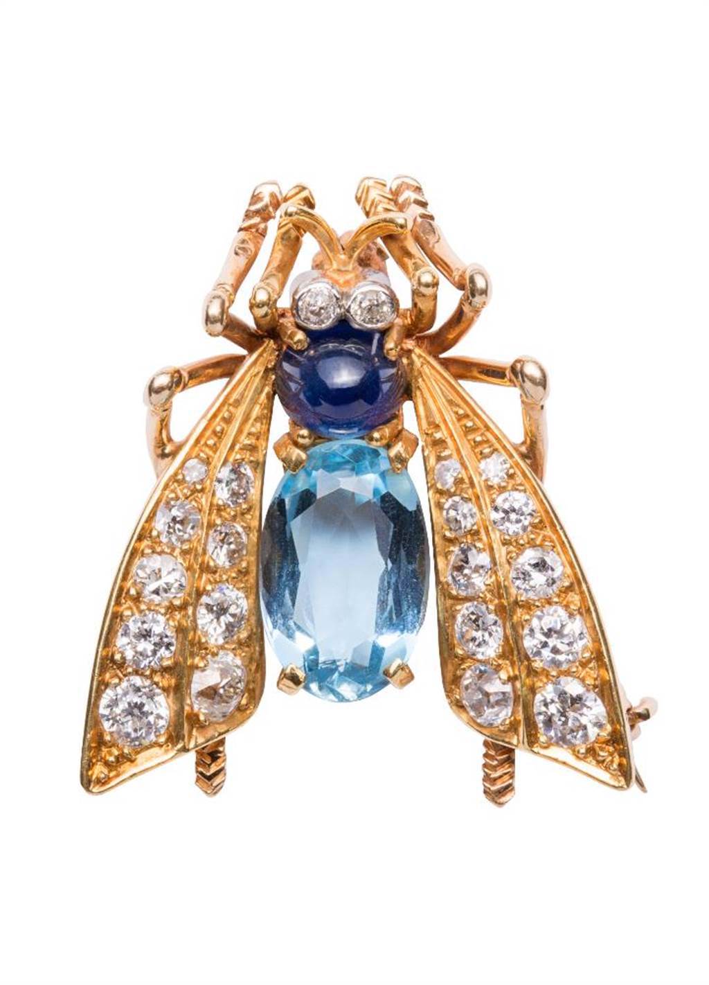 梵克雅寶Heritage典藏系列1958年的Bee胸針，藍寶石、海水藍寶、鑽石，67萬5000元。（Van Cleef & Arpels提供）