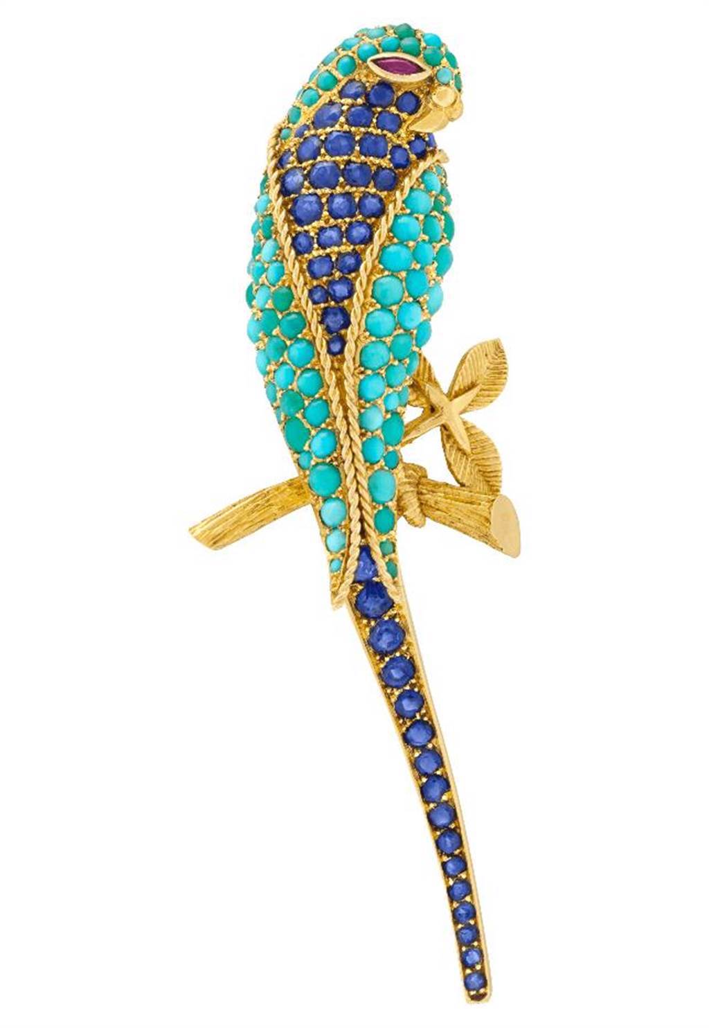 梵克雅寶Heritage典藏系列Perruche胸針，1962年，藍寶石、綠松石、紅寶石，283萬元。（Van Cleef & Arpels提供）