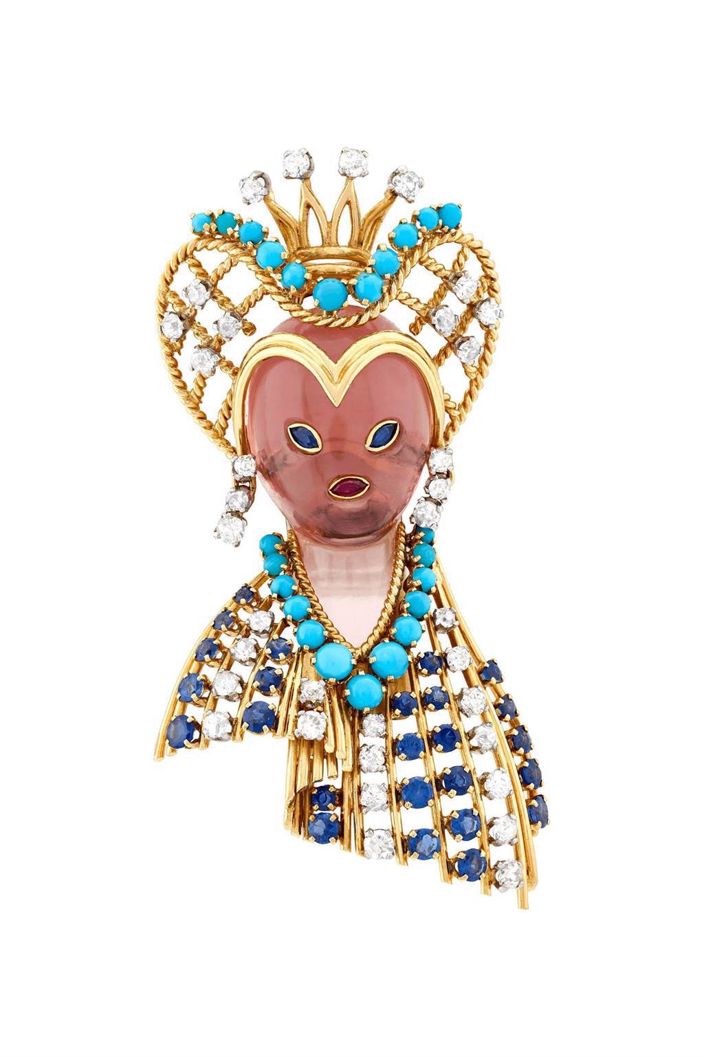 梵克雅寶Heritage典藏系列Queen’s head胸針，1959年，藍寶石、紅寶石、粉紅石英、綠松石、鑽石，151萬元。（Van Cleef & Arpels提供）