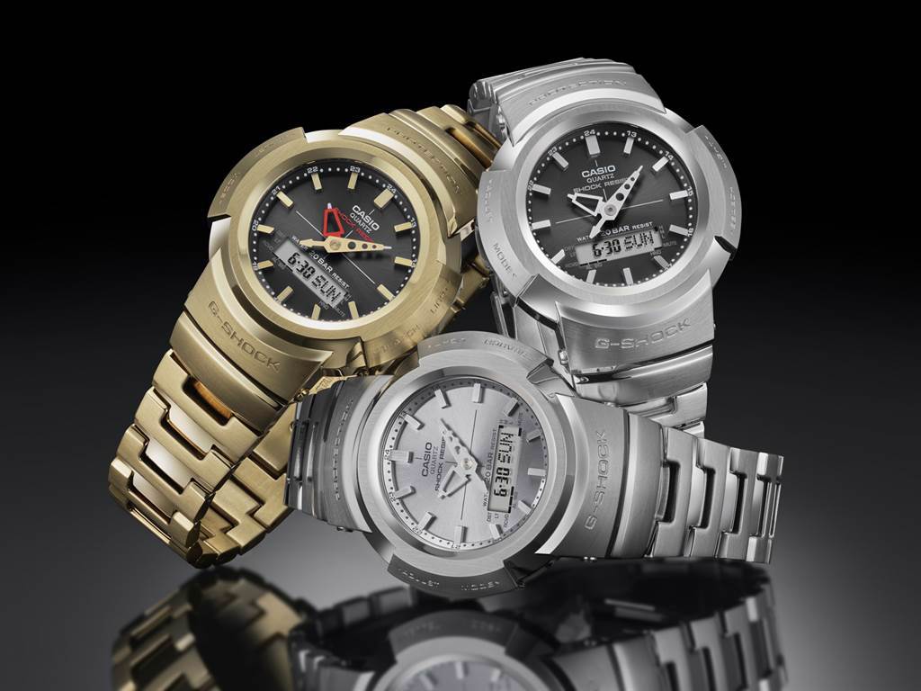 今年G-SHOCK再次以第一款「指針設計」錶款AW-500為藍本，全面升級金屬材質隆重登場。（圖／品牌提供）