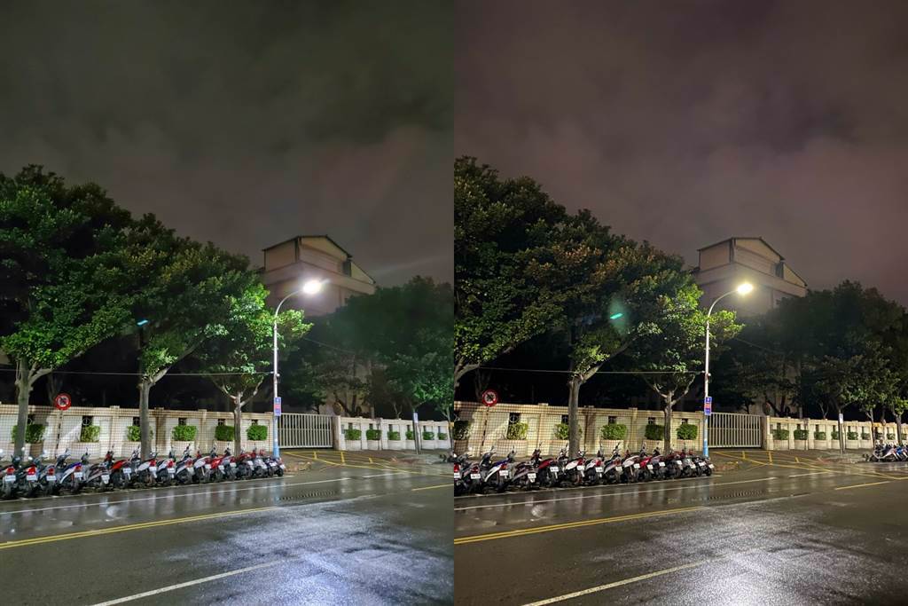 LG WING（左）對比iPhone 11 Pro Max的夜間拍攝對比（2）。（黃慧雯攝）
