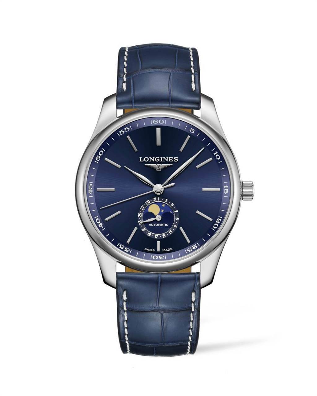 浪琴表Master巨擘系列藍色面盤月相腕表，7萬8800元。（Longines提供）