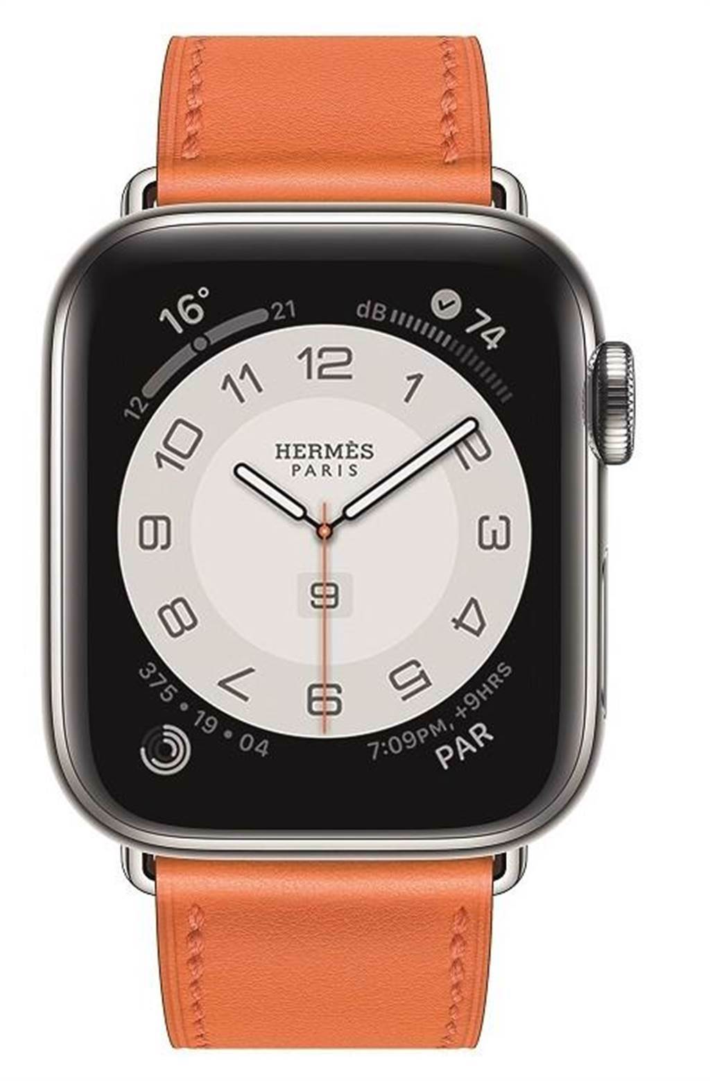 第六代 Apple Watch Hermes系列腕表，橘色Swift小牛皮表帶1萬900元，含表整組售價4萬400元。（HERMES提供）