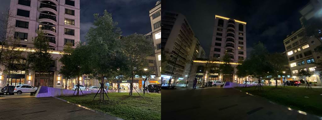 iPhone 11 Pro Max主相機與超廣角相機的夜間實拍。（黃慧雯攝）