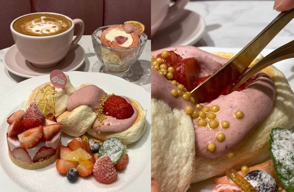 福岡人氣第一鬆餅「Café del SOL」特別以鮮嫩欲滴的草莓為主題，推出了冬季限定的草莓套餐。（圖／楊婕安攝）