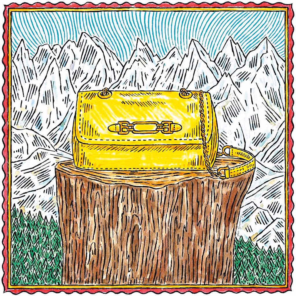 英國插畫家Fee greening繪製的Vestige黃色牛皮1851配飾鏈帶小包。（Bally提供）