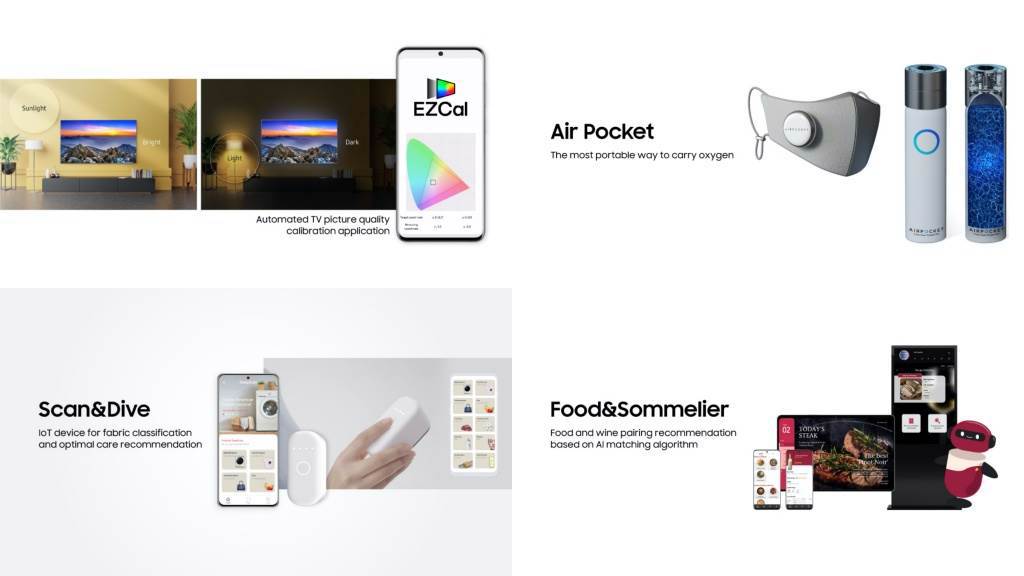 C-Lab Inside創新專案(左至右、上至下）：EZCal、Air Pocket、Scan&Dive、Food＆Sommelier。（三星提供／黃慧雯台北傳真）