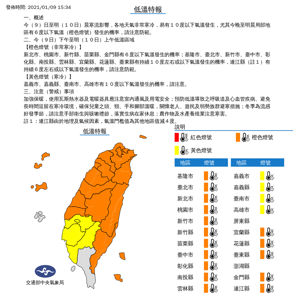 氣象局低溫特報，同樣屏東成為台灣本島唯一一個例外名單。(圖／氣象局)