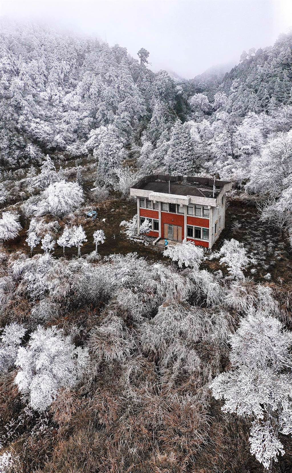一名網友日前在臉書分享一張被滿山雪白樹木環繞的派出所照片，照片呈現靜謐的雪白世界中，一棟破舊建築佇立其中的神祕感。（圖／翻攝自臉書社團「風景線」）