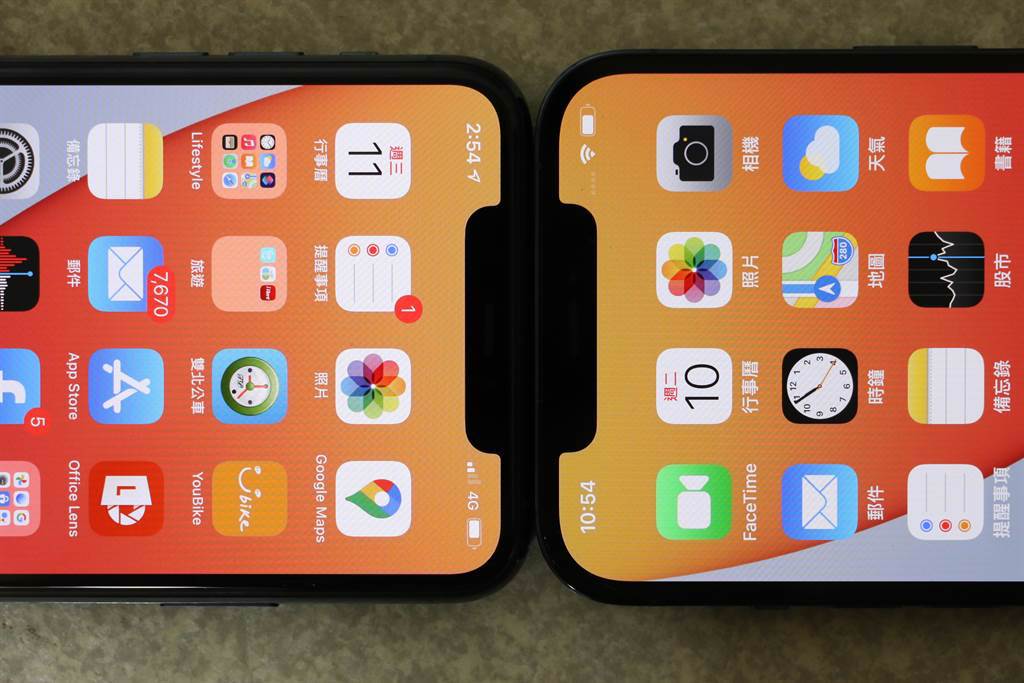 iPhone 11 Pro Max(左)與iPhone 12 Pro Max的TrueDepth位置對比。（黃慧雯攝）