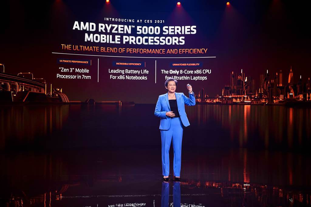 AMD總裁暨執行長蘇姿丰博士在CES 2021發表Ryzen 5000系列行動處理器。（AMD提供／黃慧雯台北傳真）