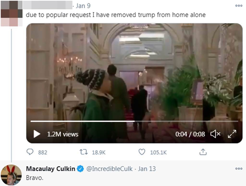 網友上傳《小鬼當家2》「P掉川普」的片段，麥考利克金回應「Bravo」。（圖／Macaulay Culkin推特）